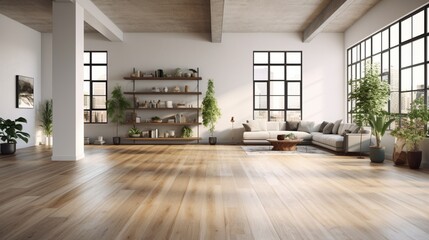 the spacious interior of a modern contemporary loft with a wooden floor adorned with potted plants. The image conveys the serene and high-quality ambiance of the room. - obrazy, fototapety, plakaty