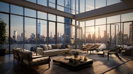 the interior of a luxurious penthouse with expansive windows offering breathtaking views of the city skyline. - obrazy, fototapety, plakaty