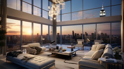 the interior of a luxurious penthouse with expansive windows offering breathtaking views of the city skyline.