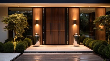 the designer entrance door of a modern country house, featuring a luxurious exterior and a stunning...