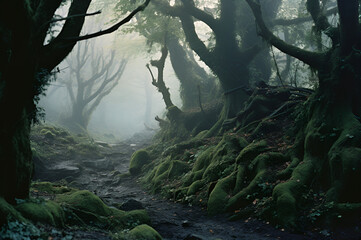 green mossy ground, in the style of misty gothic, national geographic photo, atmospheric installations, mori kei, british topographical, medieval fantasy, romanticized depictions of wilderness --ar 12