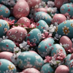 Fototapeta na wymiar Seamless pattern of vibrant and whimsical easter eggs arranged over a bright and solid background