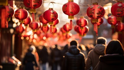 Festive chinese new year street adorned with vibrant red lanterns, showcasing a bustling atmosphere