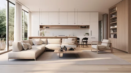 Foto op Plexiglas A modern minimalist home interior design with clean lines, sleek furniture, and neutral color palette, featuring an open-concept living space connected to a spacious kitchen, bathed in natural light © Alin