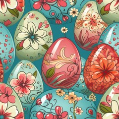 Seamless pattern of vibrant and beautifully decorated easter eggs over a bright solid background