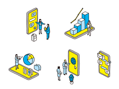 大きなタブレットやスマートフォンをモチーフに説明やプレゼンをするイメージイラスト素材セット
