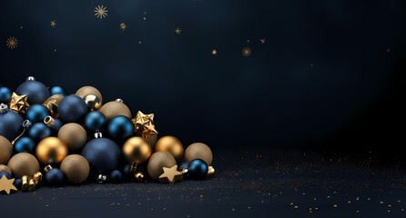 black and gold christmas background, in the style of dark navy and dark azure, elegant, photo-realistic still life