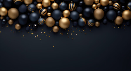 christmas background with gold balls and balls on black background, in the style of dark navy and light indigo, dark black and dark beige