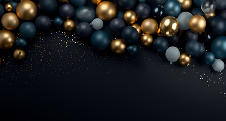 christmas ball gold and silver, in the style of dark navy and dark gold, matte background, dark azure and navy, scattered composition, dark black and dark beige, minimalist backgrounds