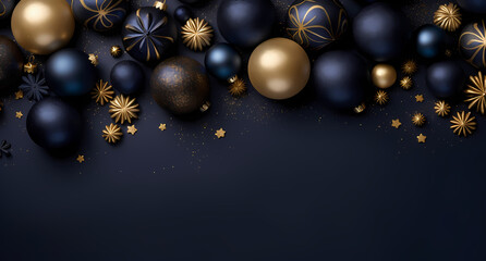 christmas background with gold and blue ornaments, in the style of dark navy and dark indigo, modern, captivating