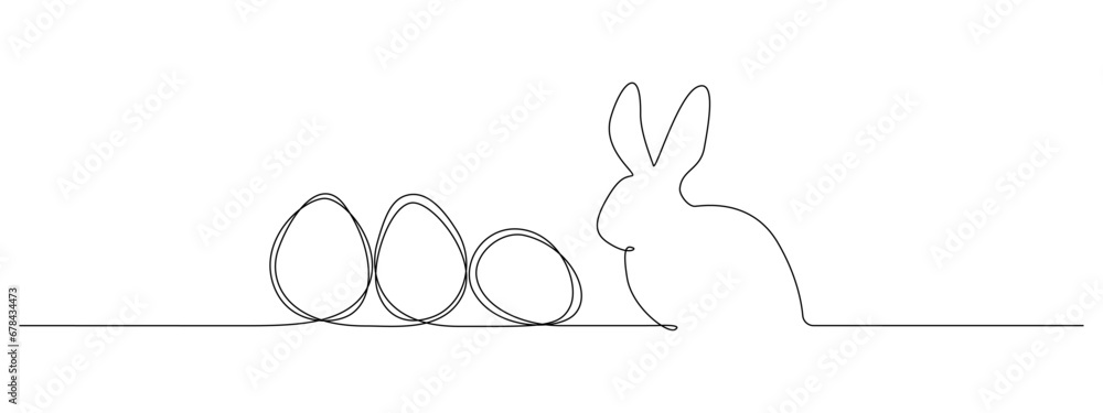 Fototapete One continuous line drawing of Easter eggs and rabbit. Greeting banner design with bunny and ears in simple linear style. Editable stroke. Doodle contour vector illustration