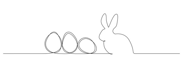 One continuous line drawing of Easter eggs and rabbit. Greeting banner design with bunny and ears in simple linear style. Editable stroke. Doodle contour vector illustration