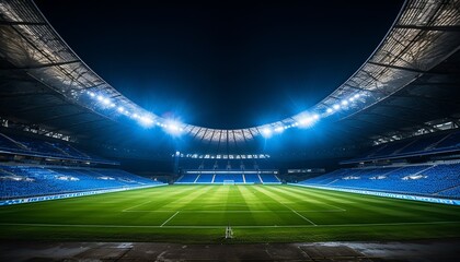 Empty soccer stadium at night with mesmerizing white and blue illuminated professional field
