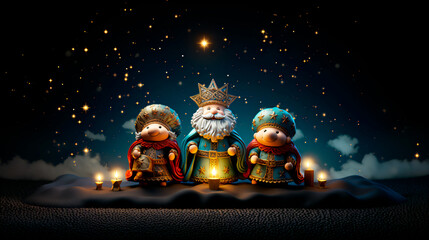 ilustración de los tres reyes magos y la estrella de belén  - obrazy, fototapety, plakaty