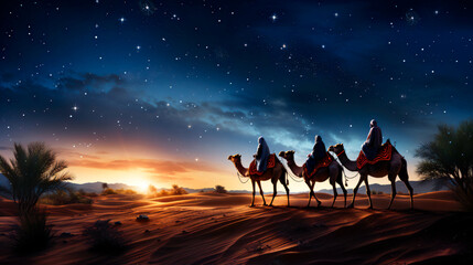 saludo de tres reyes magos viajando en camellos, con un cielo estrellado  - obrazy, fototapety, plakaty