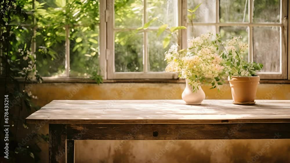 Poster an scene of a rustic, weathered wooden table p near a window overlooking a blooming garden. the deli