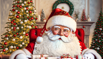  Święty Mikołaj siedzący przy stole z prezentami. W tle choinka i kominek - obrazy, fototapety, plakaty