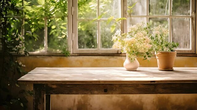 An scene of a rustic, weathered wooden table p near a window overlooking a blooming garden. The delicate morning light casts intricate shadow patterns on the tables surface, creating a