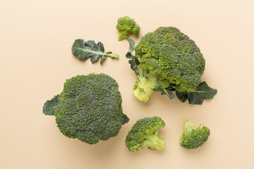 Flat lay with fresh broccoli on color background