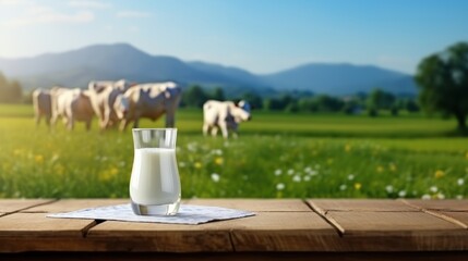 empty table table top with blur background of dairy cow farm, Advertisement, Print media, Illustration, Banner, for website, copy space, for word, template, presentation