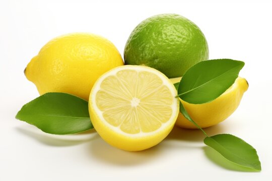 Close up of a vibrant green lemon with fresh leaves, isolated on a clean white background