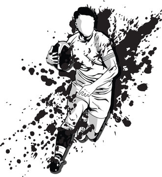 rugby player run vector silhouette illustration black and white sport art splash design