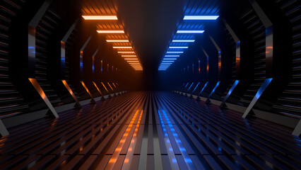 Sci Fi neon glowing lines in a dark tunnel. Reflections on the floor and ceiling. 3d rendering image. Abstract glowing lines. Technology futuristic background. - obrazy, fototapety, plakaty