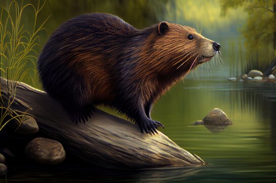 Majestic Beaver Contemplating Life on a Tranquil Log in the Wilderness Generative AI