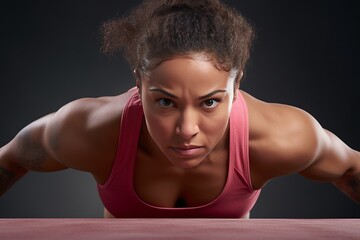 Fototapeta na wymiar Athletic woman engaging in running and strength training in a studio on a solid background