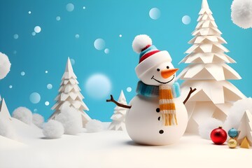 Fototapeta premium Christmas blue background with white snowman