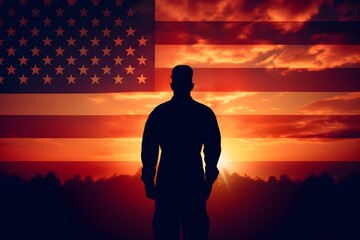 Military man on the background of the American flag, concept of patriotic USA background