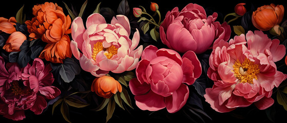 Obraz na płótnie Canvas Painterly image of colorful peonies. Rococo style and chiaroscuro lighting. Vibrant resource background and wallpaper.