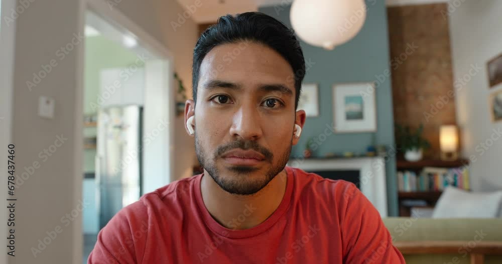 Poster face, home and asian man with video call, listening and communication with body language. portrait, 
