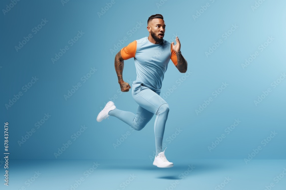 Poster dynamic fitness training runner engaging in strength exercises in studio on solid background