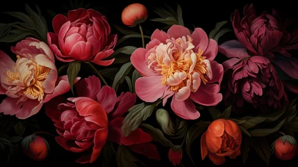 Deurstickers Painterly image of colorful peonies. Rococo style and chiaroscuro lighting. Vibrant resource background and wallpaper. © Archlane