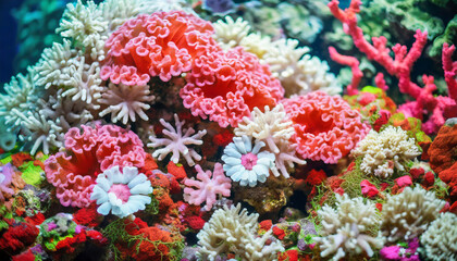 Naklejka na ściany i meble coral flowers and coralline anemone create a mesmerizing abstract background, symbolizing beauty and resilience in the underwater world