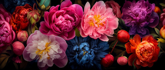 Painterly image of colorful peonies. Rococo style and chiaroscuro lighting. Vibrant resource background and wallpaper. - obrazy, fototapety, plakaty