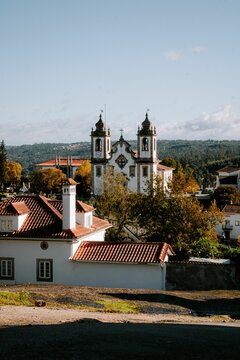 Vertical of a beautiful church building in Santa Comba Dao, Portugal captured against the sky