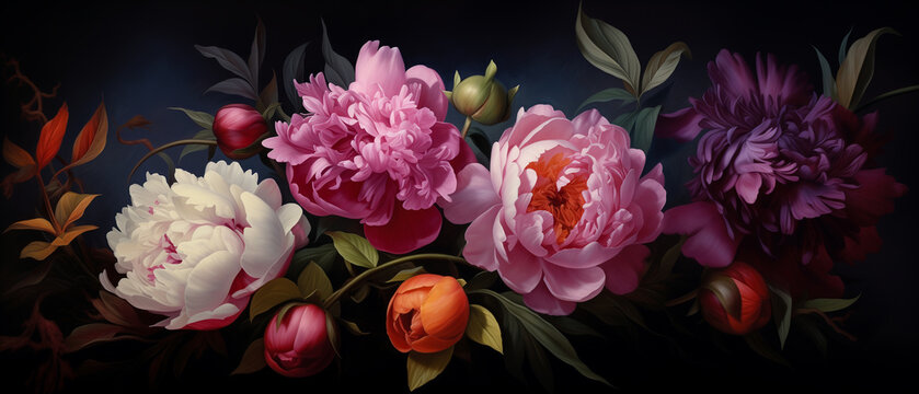 Painterly image of colorful peonies. Rococo style and chiaroscuro lighting. Vibrant resource background and wallpaper.