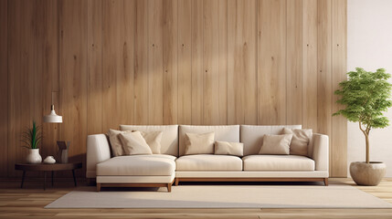 Beige corner sofa against of wooden paneling wall