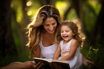 Preschool girl laughs with mom reading captivating storybook filled with joy and wonder