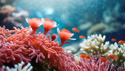 Naklejka na ściany i meble coral flowers and coralline anemone create a mesmerizing abstract background, symbolizing beauty and resilience in the underwater world