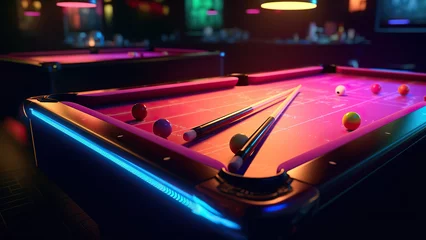 Foto op Plexiglas Pool balls and cue on pool table. Neon light. © Andriy