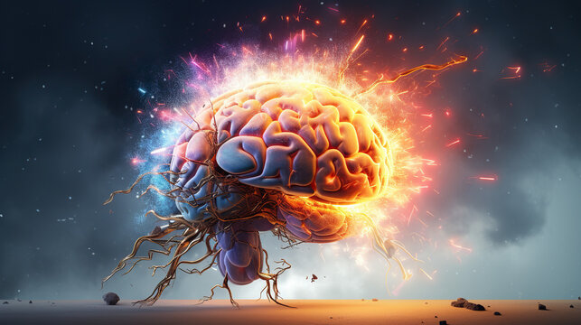 Concept art of a human brain exploding with knowledge 