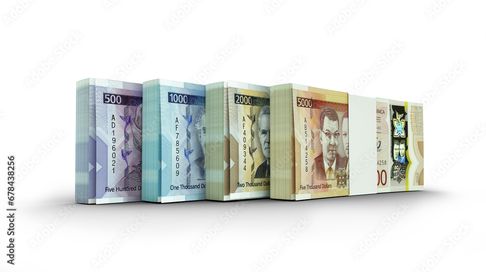 Poster 3d rendering of stacks of jamaican dollar notes in various denominations. bundles of currency notes 