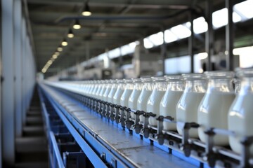Fototapeta premium Efficient machinery filling milk or yogurt into plastic bottles at a modern dairy plant