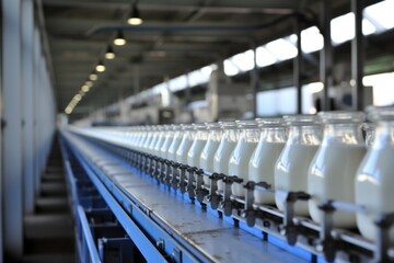 Efficient machinery filling milk or yogurt into plastic bottles at a modern dairy plant
