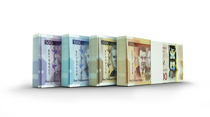 Obraz na płótnie Canvas 3d rendering of Stacks of Jamaican dollar notes in various denominations. bundles of currency notes isolated on transparent background