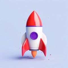 Cartoon rocket launch scene on solid color background, 3d rendering