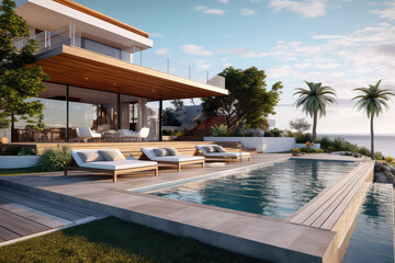 Luxury home of minimal modern residence with a swimming pool. Generative AI. 3d render illustration. - obrazy, fototapety, plakaty